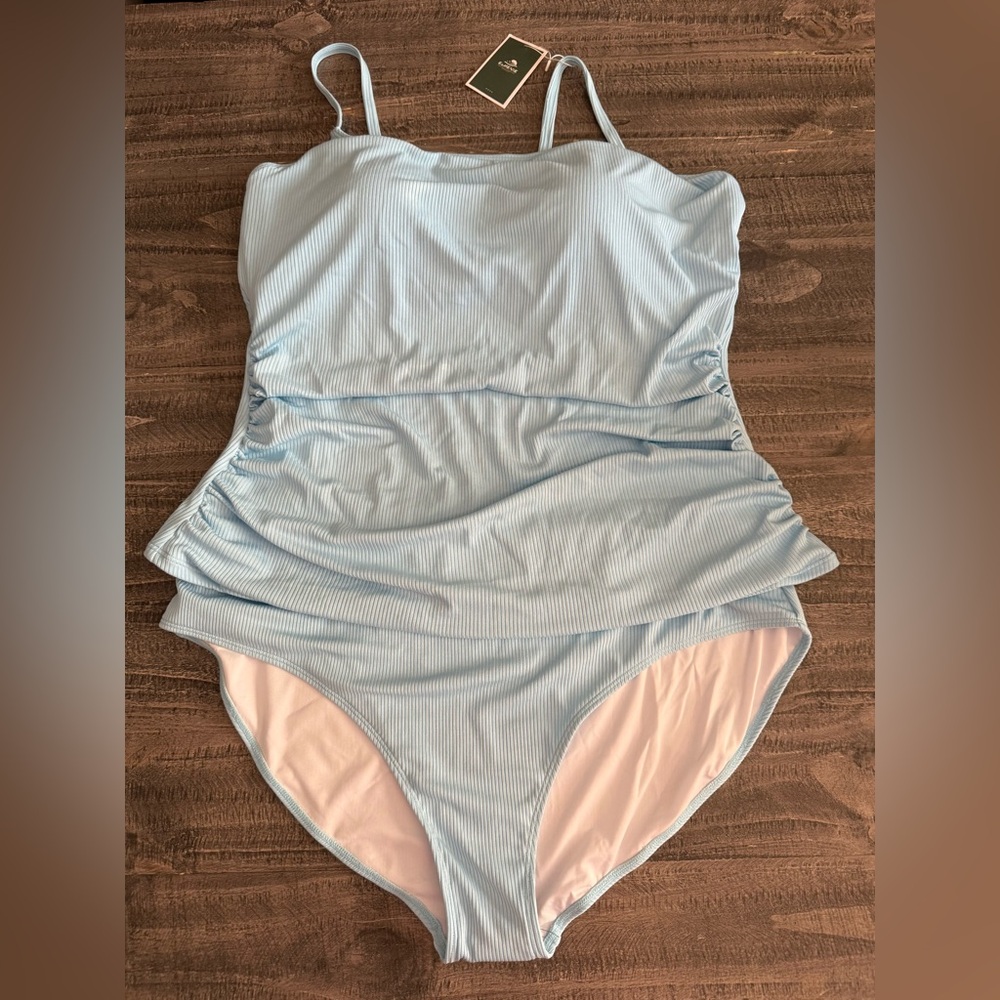 Sky Blue Ribbed Tankini Two-Piece Ruched Tummy Control Tankini Set - Picture 9 of 14